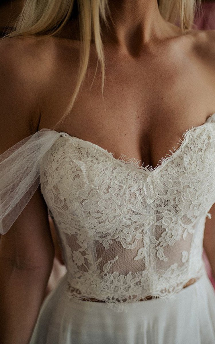 A-line Lace Lace-Up Off-the-Shoulder Wedding Dresses with Slit