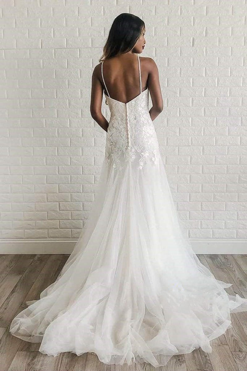 A-line Tulle Spaghetti Straps Wedding Dresses with Appliques