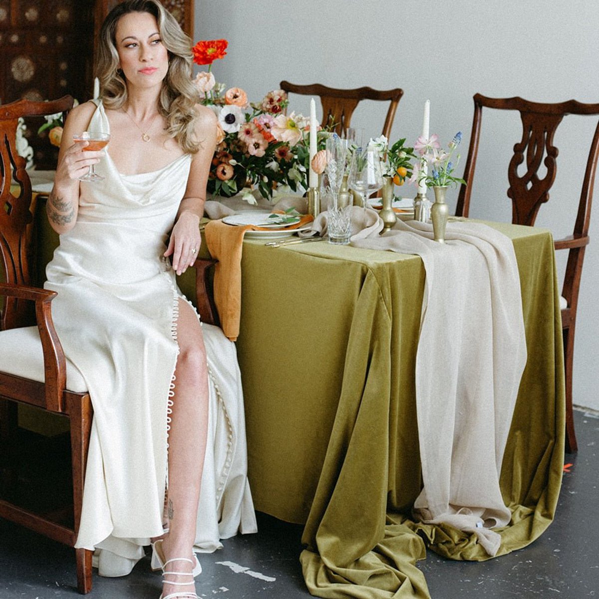 Cowl Neck Sheath Satin Wedding Dresses with Button Slit