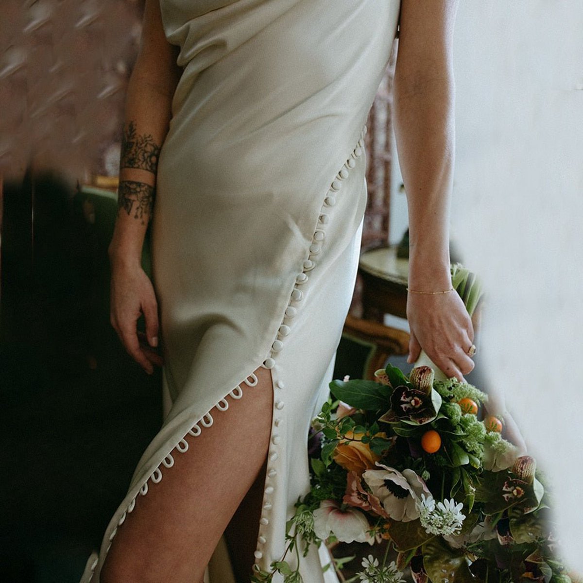 Cowl Neck Sheath Satin Wedding Dresses with Button Slit
