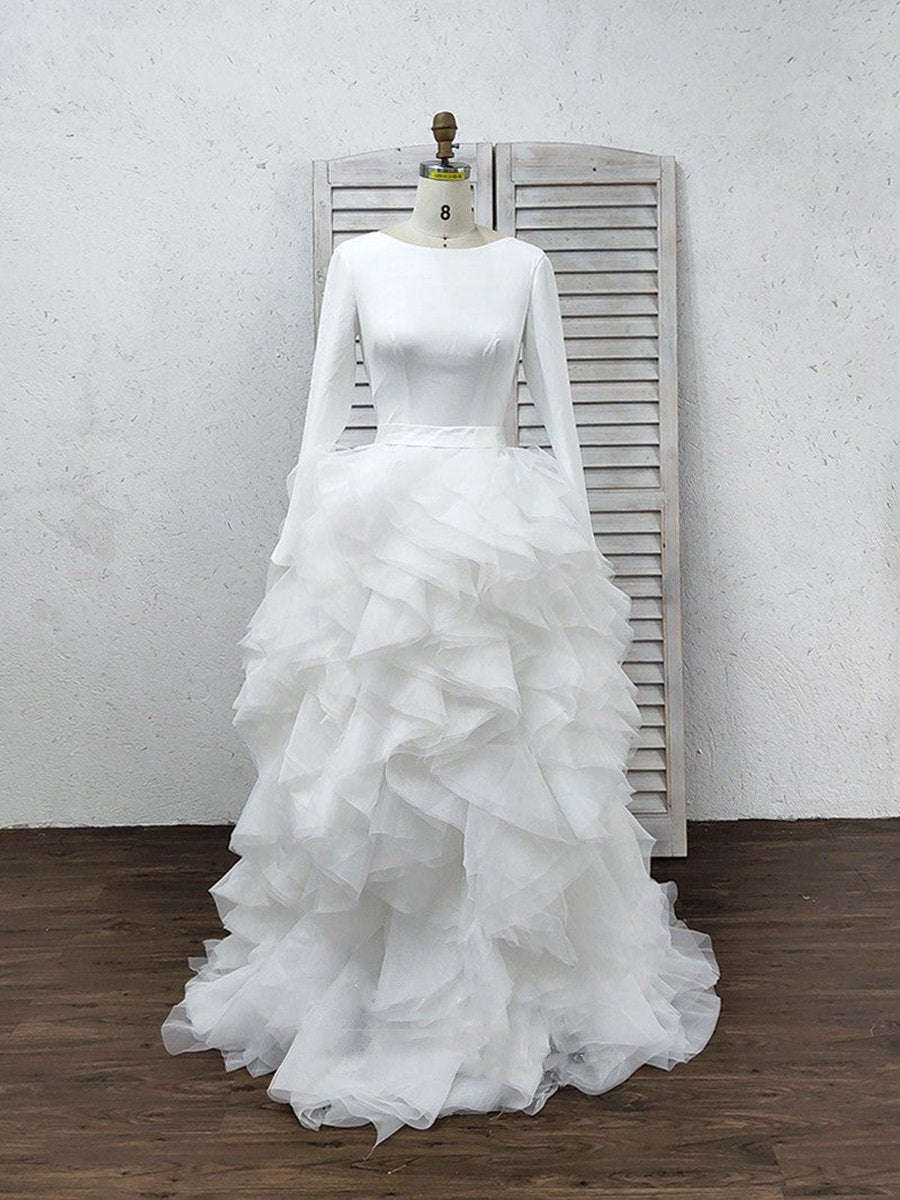 A-line Tulle Ruffles Bateau Long Sleeves Court Train Wedding Dresses