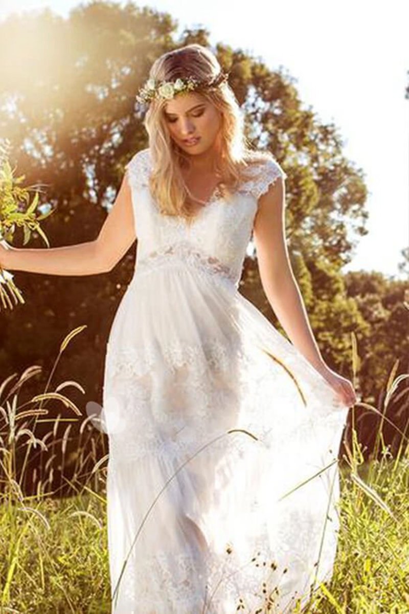 V-Neck Long Cap-Sleeve Appliqued Lace Tulle Wedding Dresses