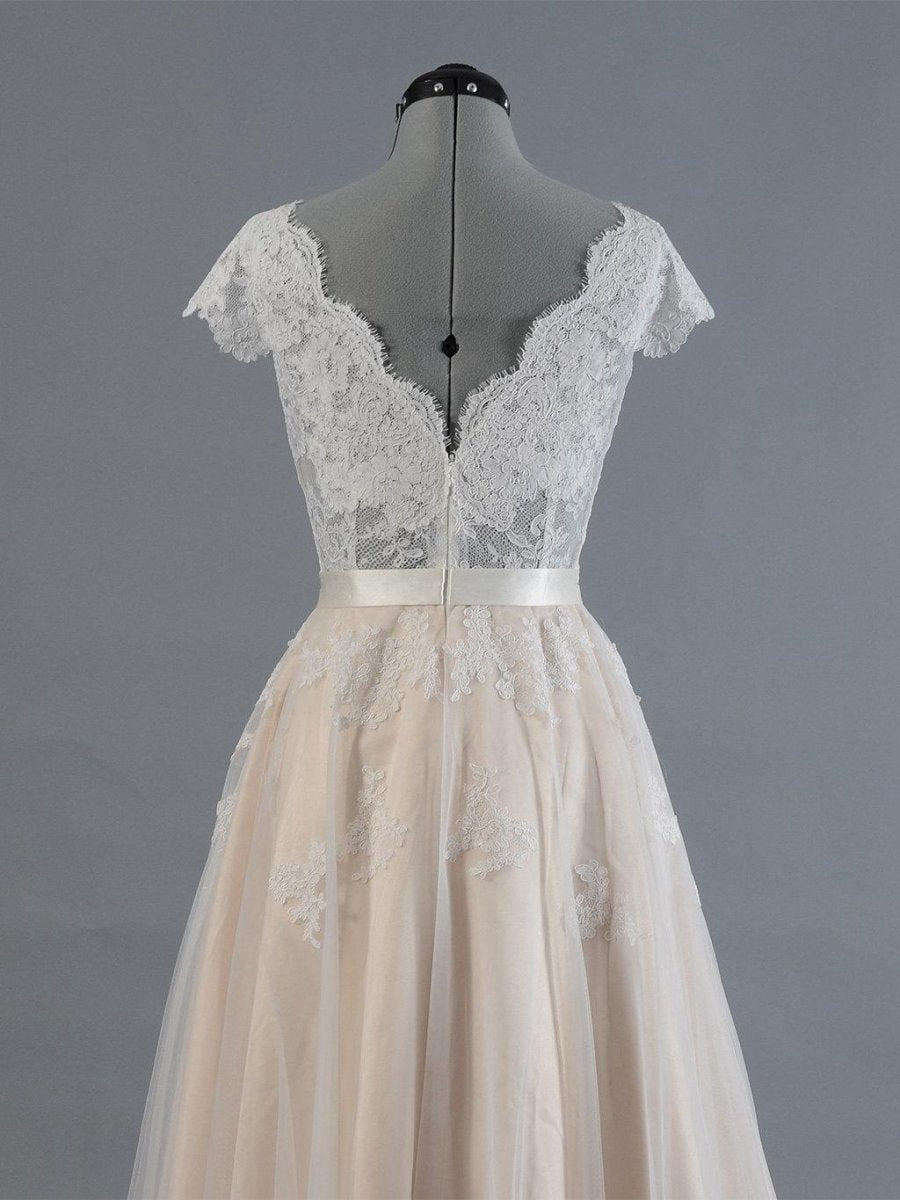 Cap Sleeve V-Neck Lace Tulle Wedding Dresses with Zipper Back