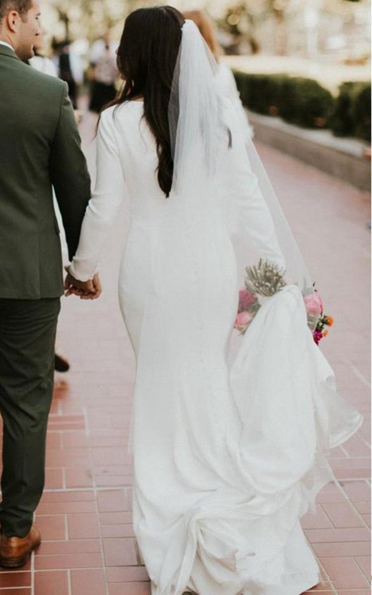 Satin Chapel Train Mermaid Long Sleeve Wedding Dresses