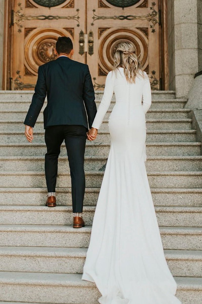 Modest Long Sleeve Satin Wedding Dresses with Sweep Train