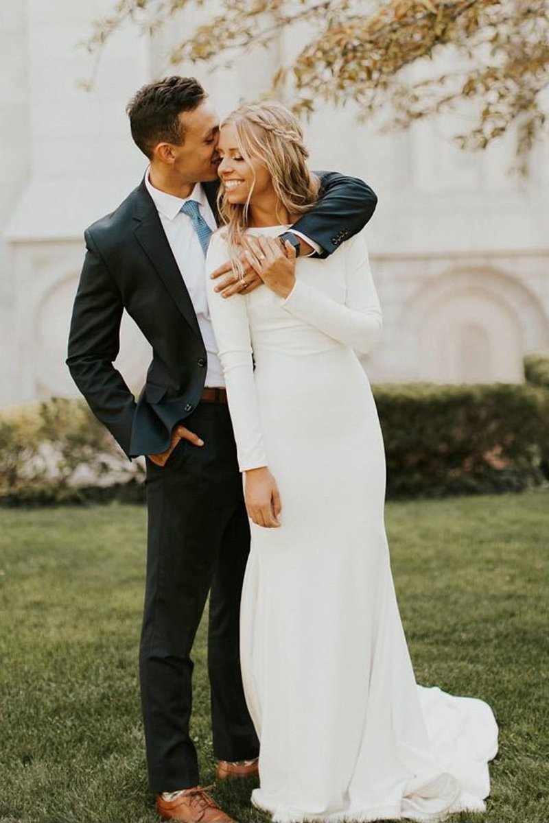 Modest Long Sleeve Satin Wedding Dresses with Sweep Train