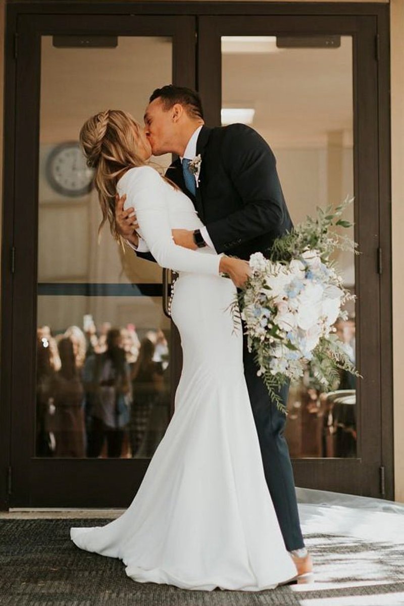 Modest Long Sleeve Satin Wedding Dresses with Sweep Train