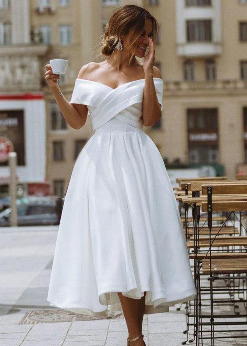 A-line Satin Tea Length Off the Shoulder Wedding Dresses