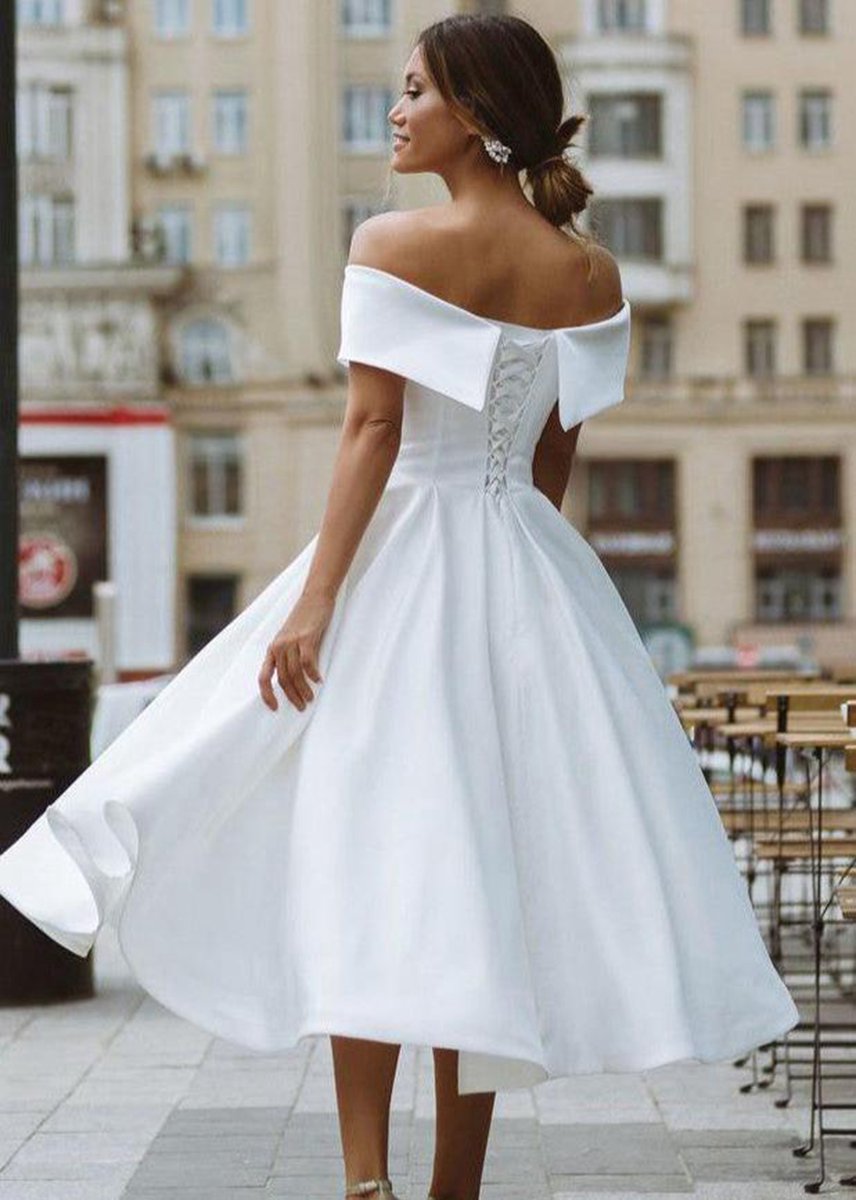 A-line Satin Tea Length Off the Shoulder Wedding Dresses