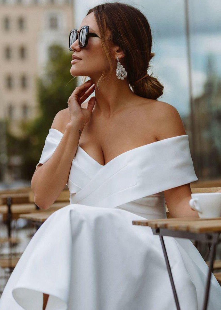 A-line Satin Tea Length Off the Shoulder Wedding Dresses
