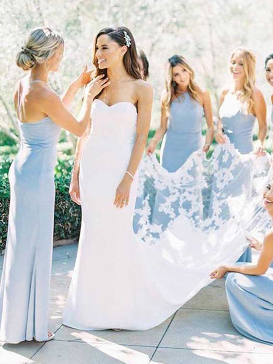 Elegant Sheath Halter Satin Long Bridesmaid Dresses