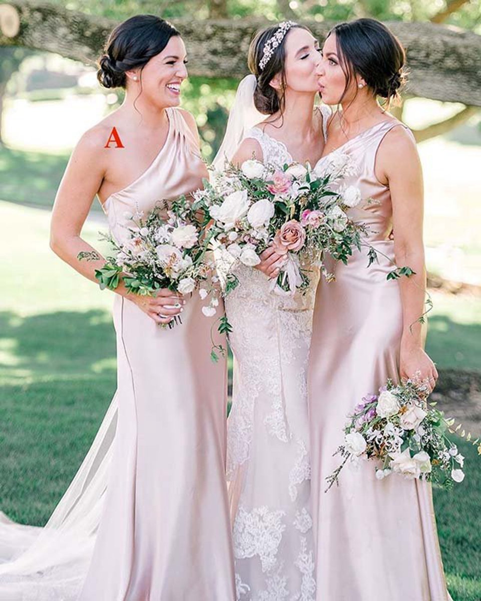 Sheath One Shoulder Silk Satin Sleeveless Long Bridesmaid Dresses