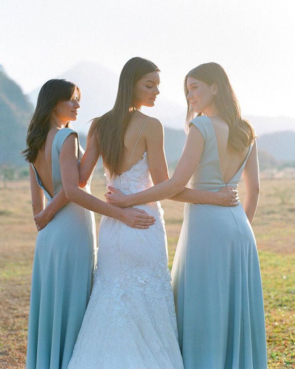 Simple A-line Chiffon V Neck Sleeveless Long Bridesmaid Dresses