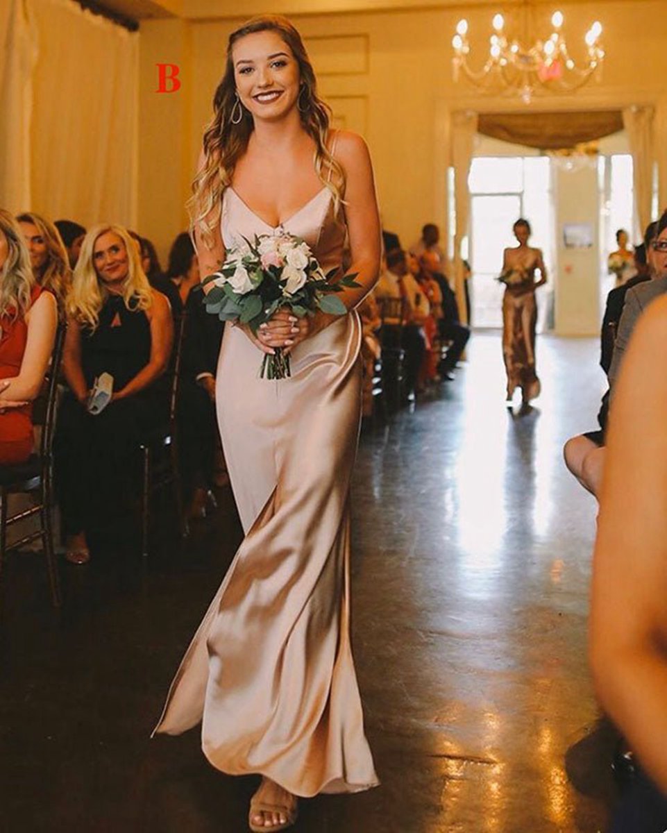 Sheath Spaghetti Straps Silk Satin Sleeveless Slit Long Bridesmaid Dresses