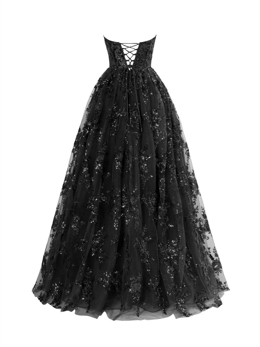 A-line Strapless Pleating Long Prom Dresses with Applique