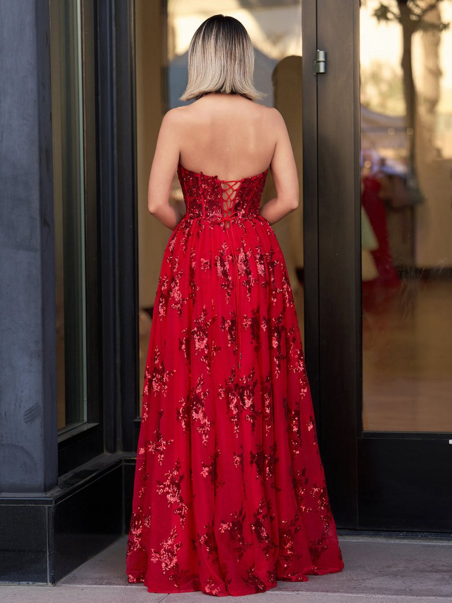 A-line Strapless Pleating Long Prom Dresses with Applique