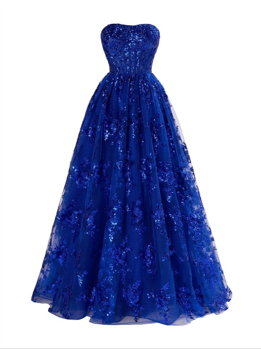 A-line Strapless Pleating Long Prom Dresses with Applique