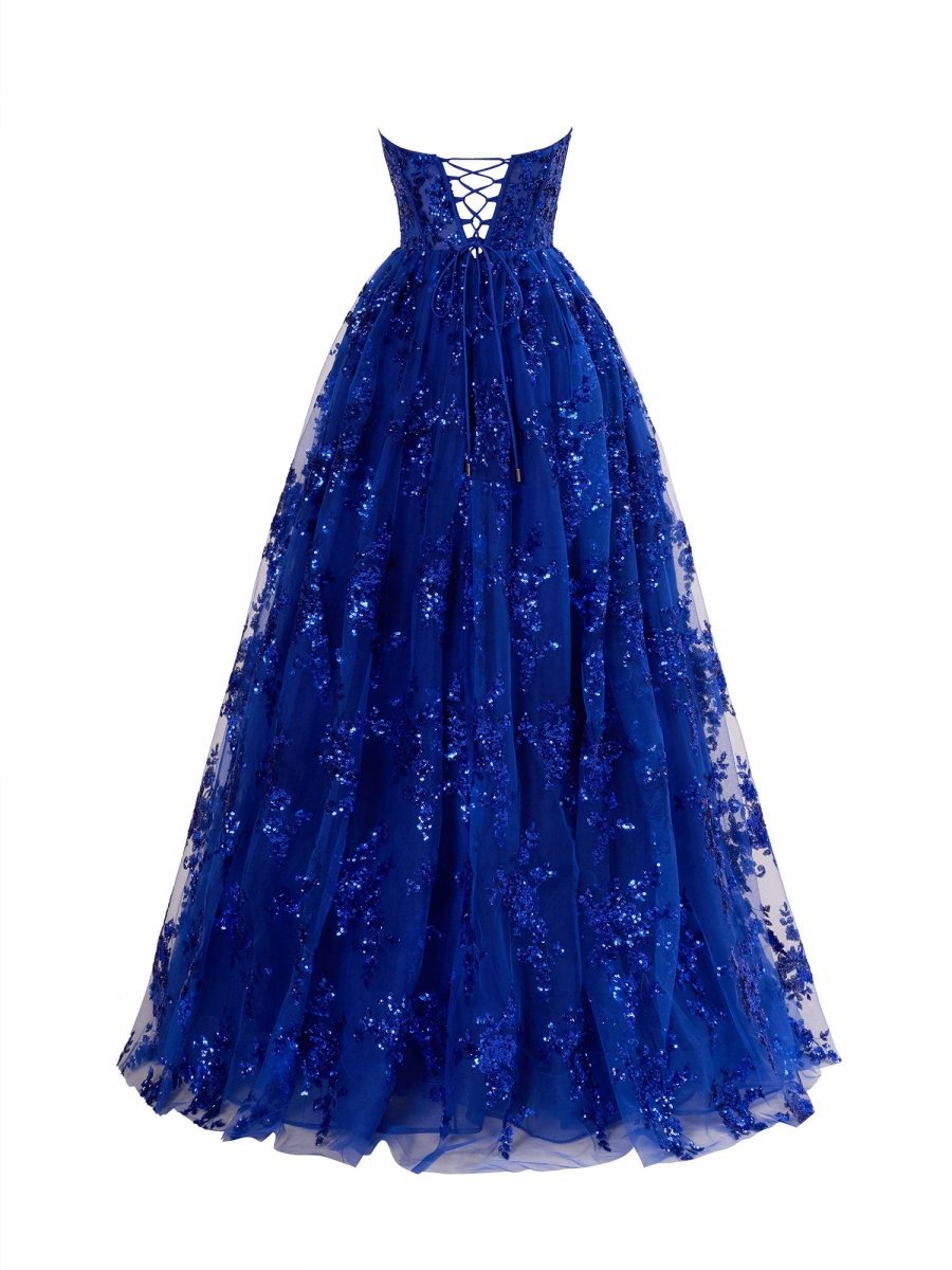 A-line Strapless Pleating Long Prom Dresses with Applique