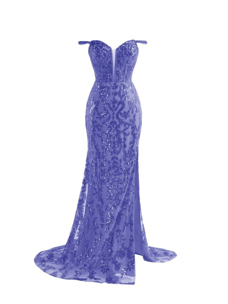 Sheath Sequins Long Prom Dresses with Slit