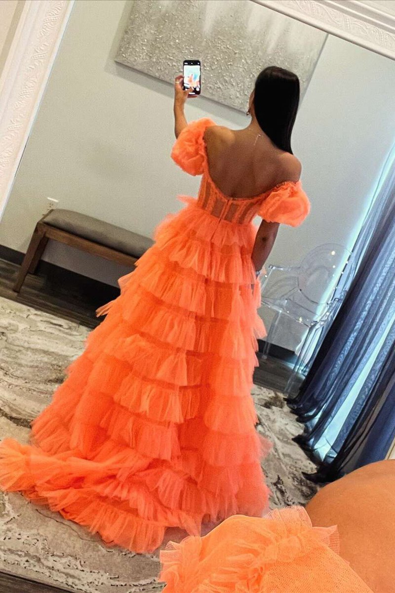 A-line Off-the-Shoulder Tulle Prom Dresses with Slit