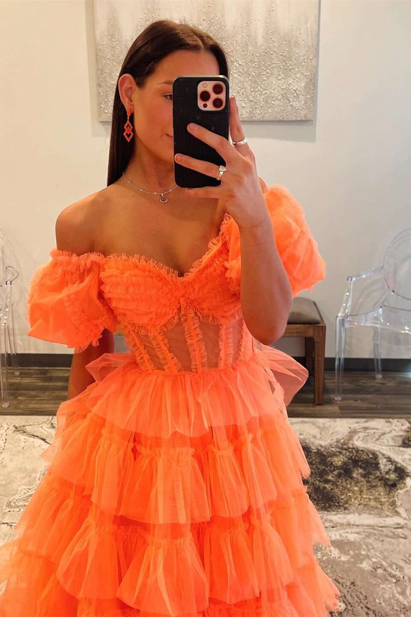 A-line Off-the-Shoulder Tulle Prom Dresses with Slit