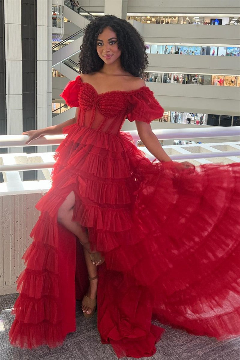 A-line Off-the-Shoulder Tulle Prom Dresses with Slit