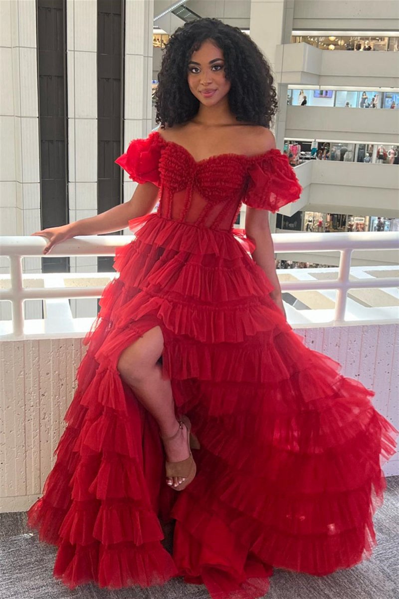 A-line Off-the-Shoulder Tulle Prom Dresses with Slit