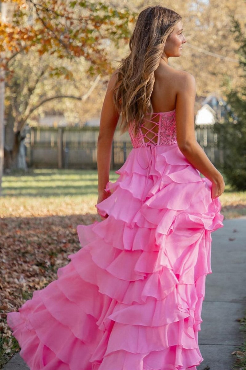 Chiffon Sweetheart Ruffle Tie Long Prom Dresses