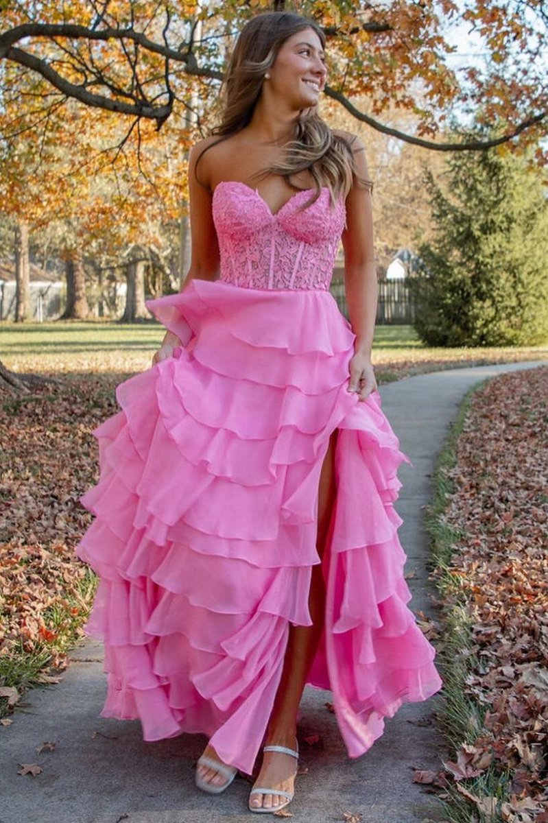 Chiffon Sweetheart Ruffle Tie Long Prom Dresses