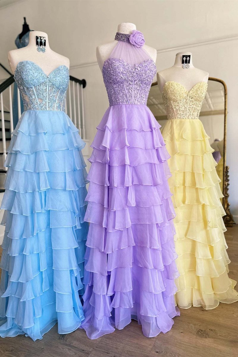 Chiffon Sweetheart Ruffle Tie Long Prom Dresses