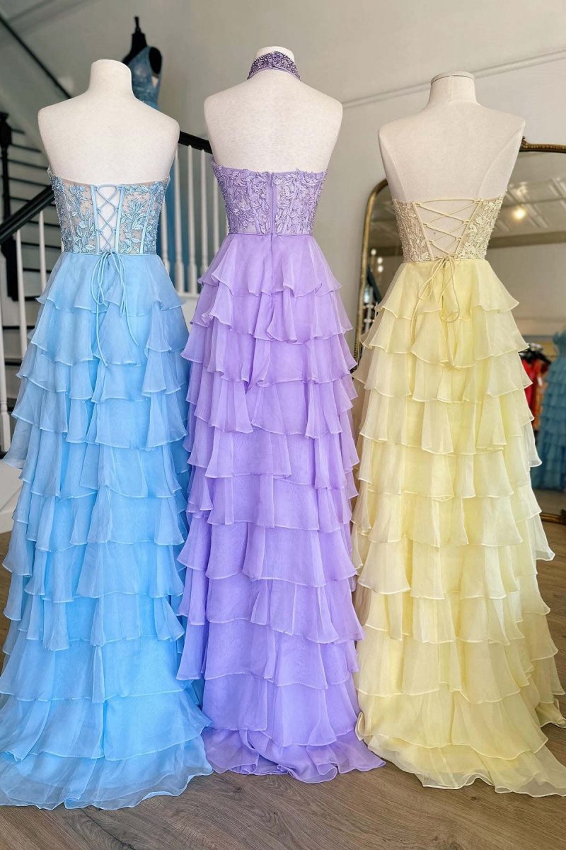 Chiffon Sweetheart Ruffle Tie Long Prom Dresses