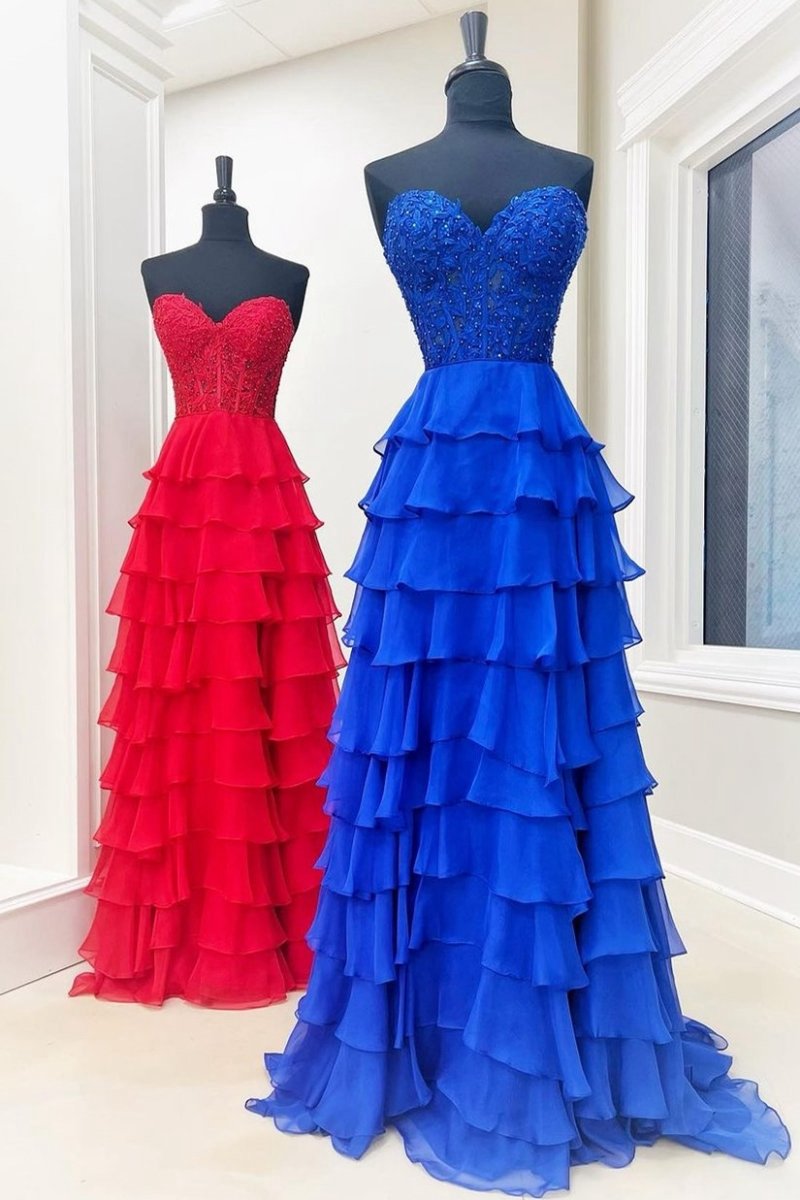 Chiffon Sweetheart Ruffle Tie Long Prom Dresses