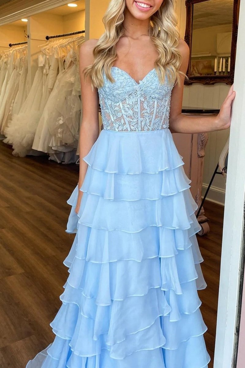 Chiffon Sweetheart Ruffle Tie Long Prom Dresses