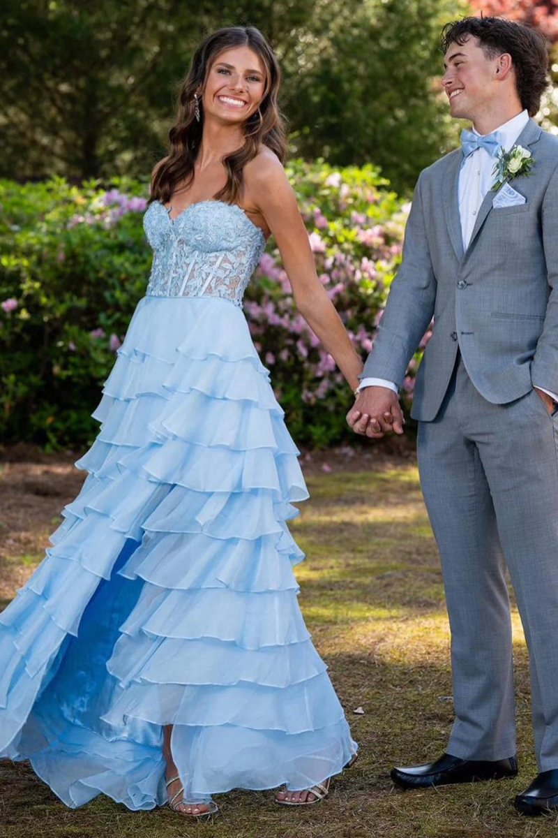 Chiffon Sweetheart Ruffle Tie Long Prom Dresses