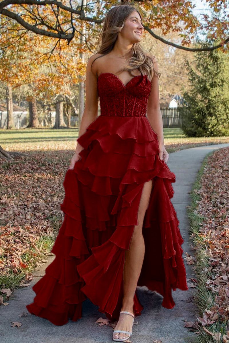 Chiffon Sweetheart Ruffle Tie Long Prom Dresses
