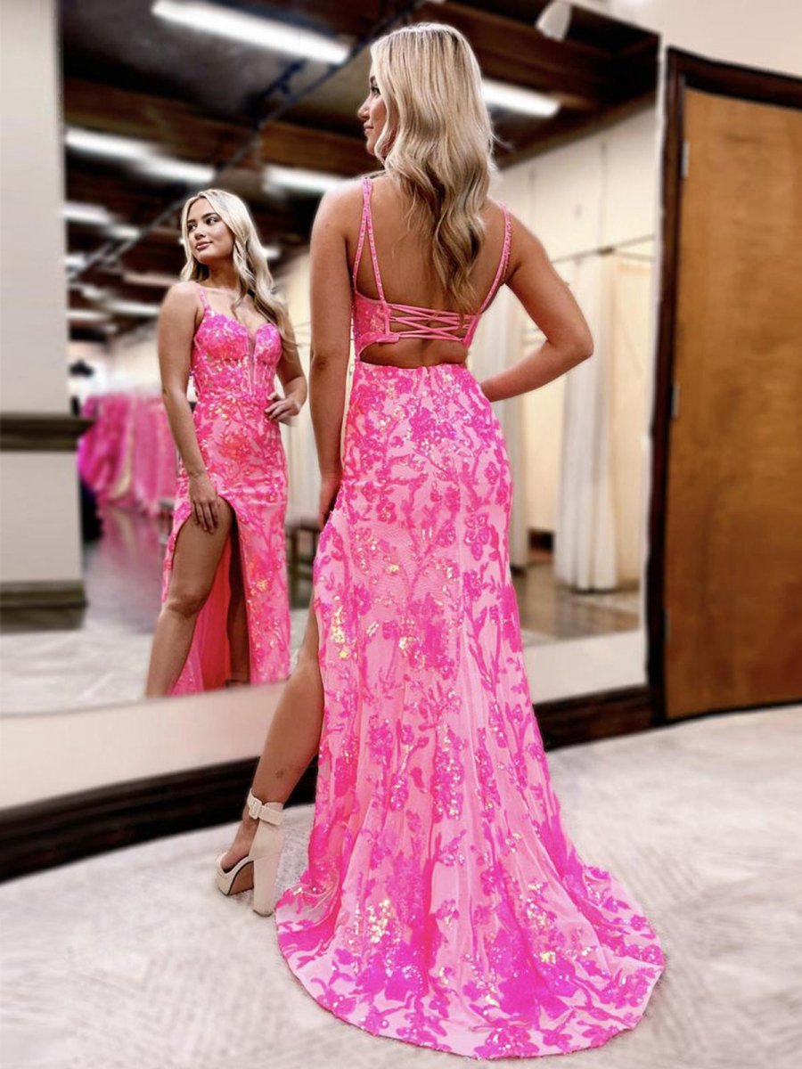 Sweetheart Sequins Lace Mermaid Prom Dresses with Slit