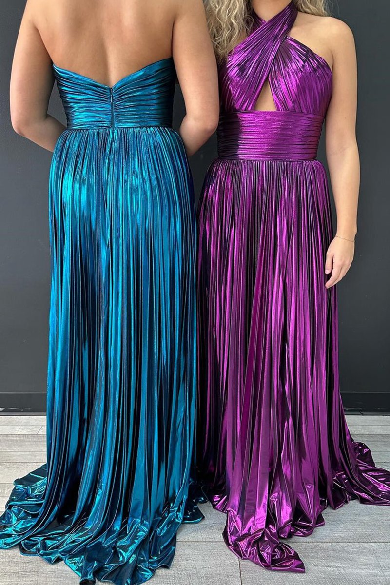 Peacock Halter Neck A-line Long Prom Dresses with Split
