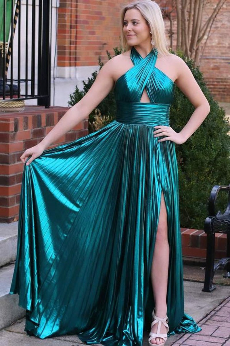 Peacock Halter Neck A-line Long Prom Dresses with Split