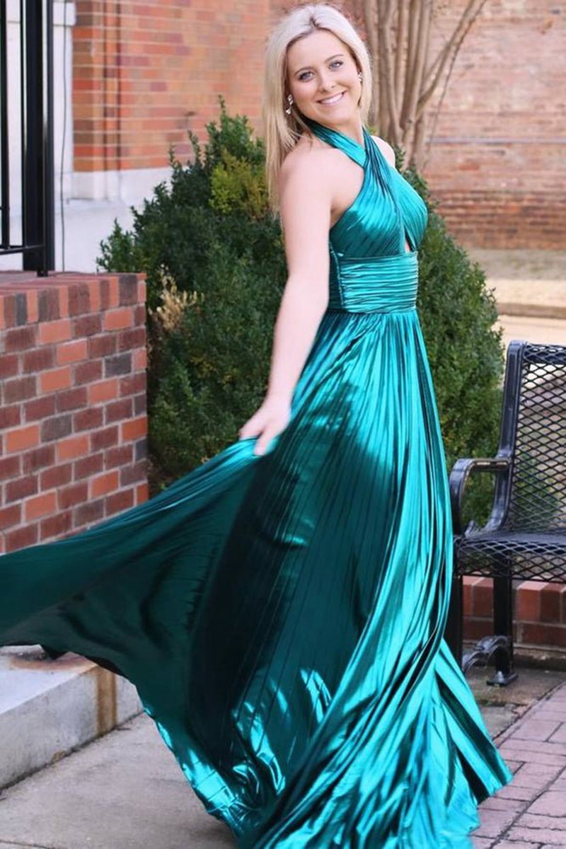 Peacock Halter Neck A-line Long Prom Dresses with Split