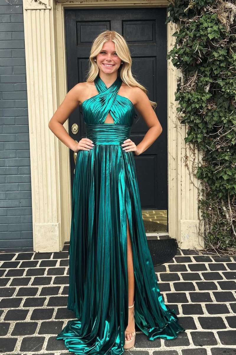 Peacock Halter Neck A-line Long Prom Dresses with Split