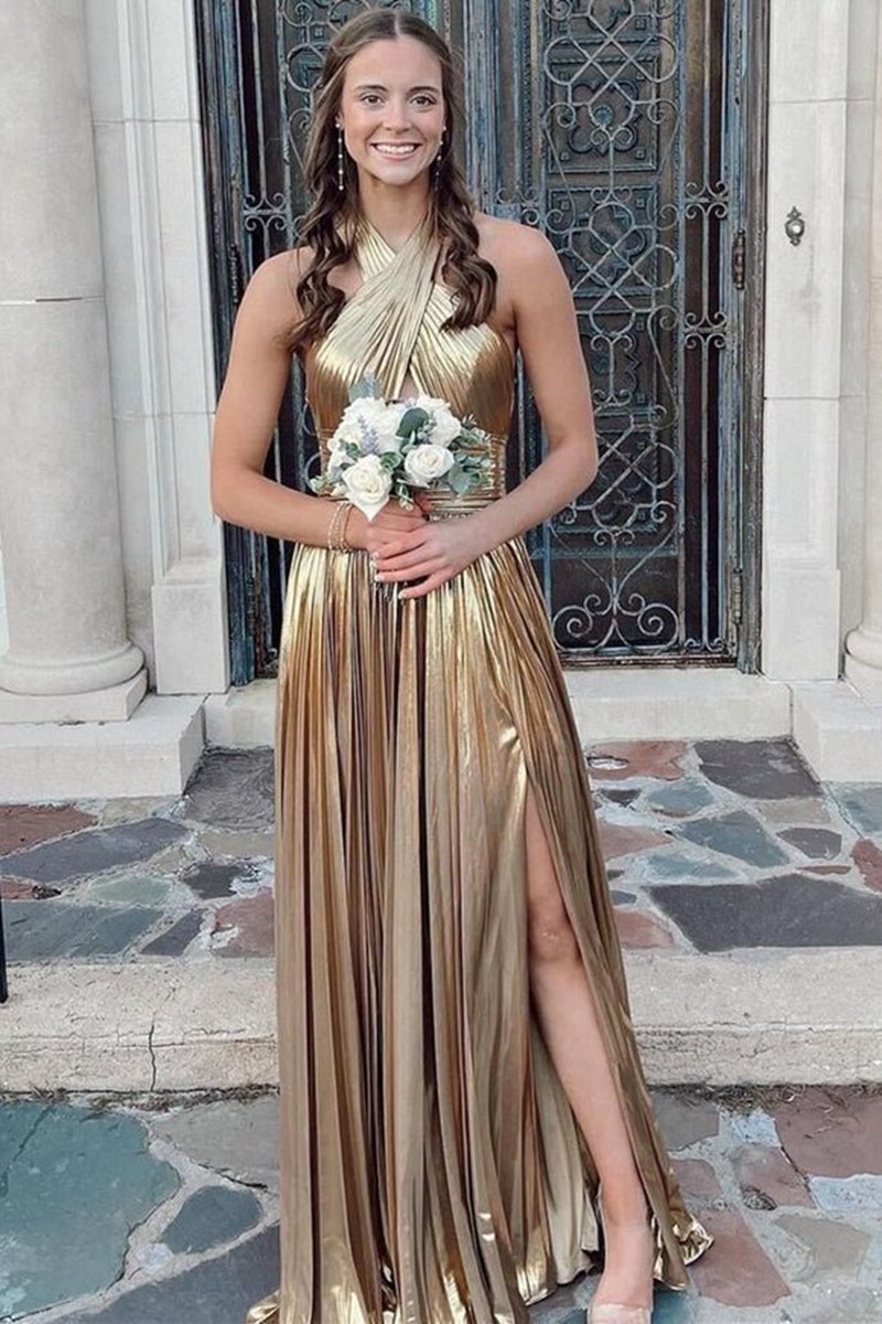 Peacock Halter Neck A-line Long Prom Dresses with Split