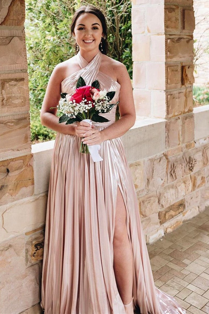 Peacock Halter Neck A-line Long Prom Dresses with Split