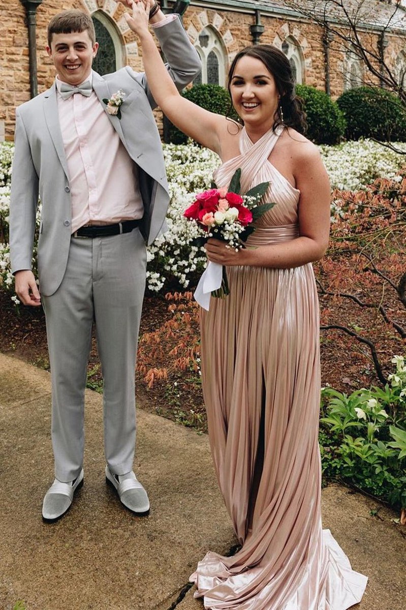 Peacock Halter Neck A-line Long Prom Dresses with Split