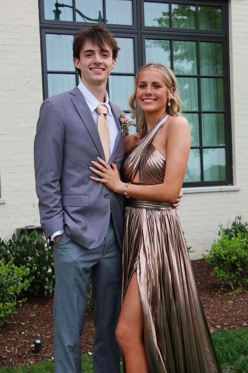 Peacock Halter Neck A-line Long Prom Dresses with Split