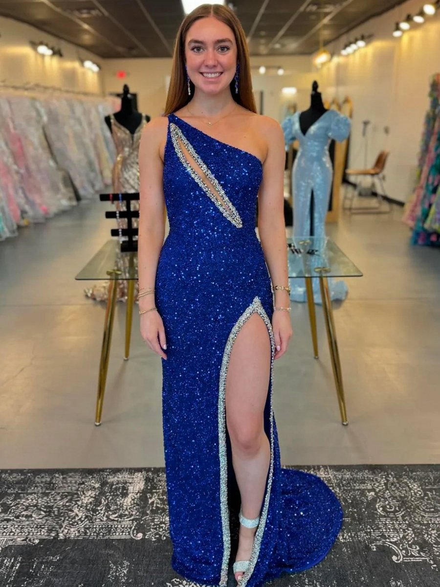 One Sholder Sequins Mermaid Prom Dresses with Slit