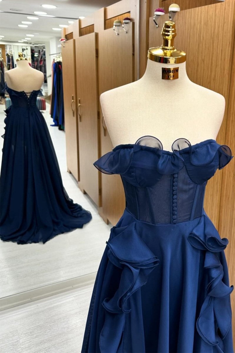 A-line Corset Ruffle Maxi Prom Dresses