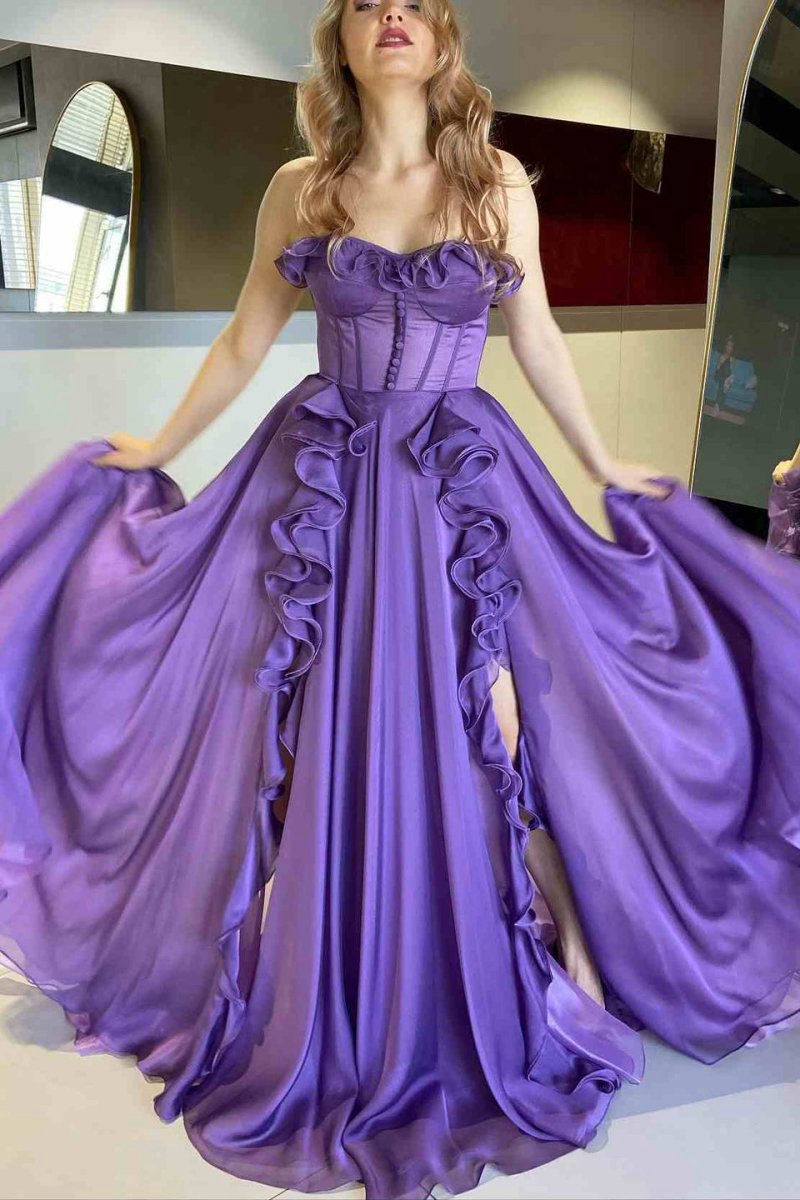 A-line Corset Ruffle Maxi Prom Dresses