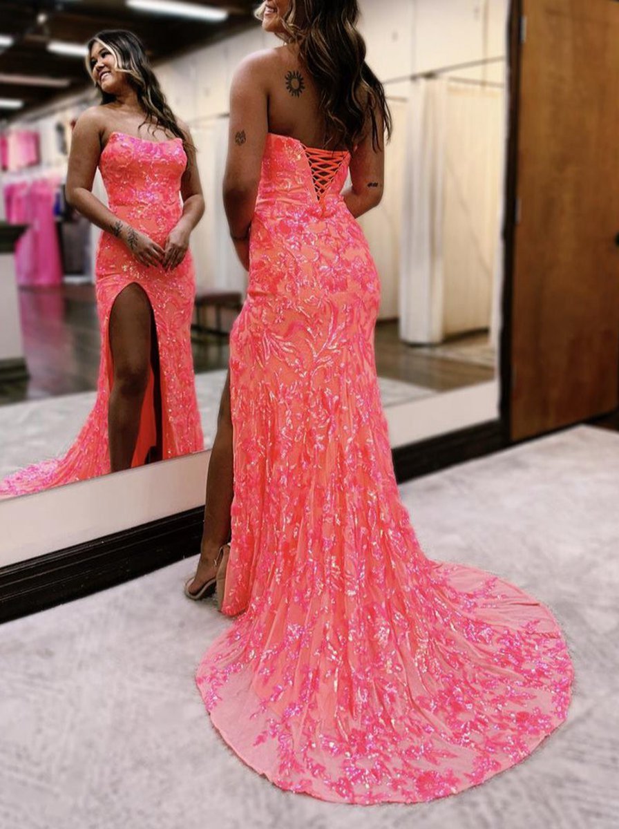 Strapless Sequins Lace Mermaid Prom Dresses with Slit