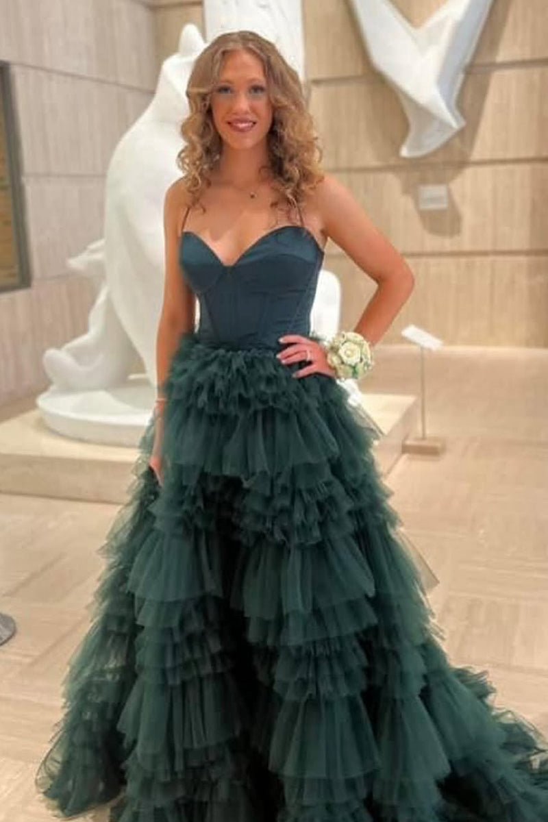 Sweetheart Ruffle Tie Tulle Long Prom Dresses with Slit