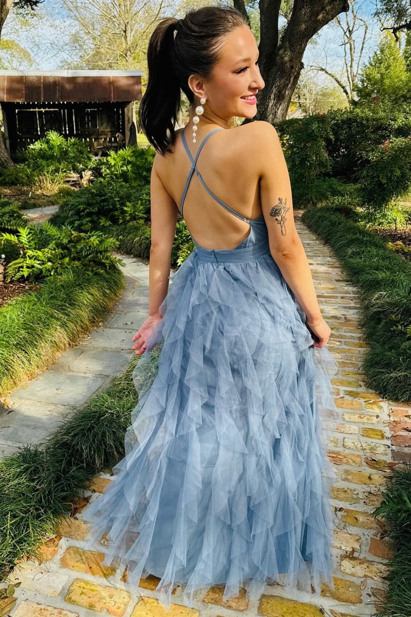 Cross-Back Plunge V Ruffle Maxi Dresses in Smoky Blue